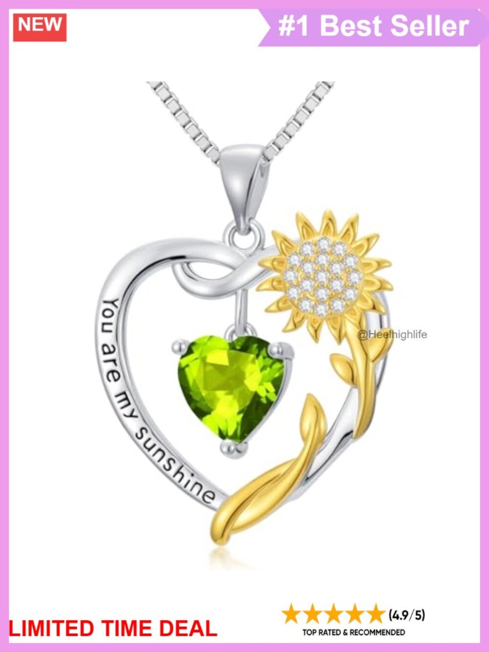 14K Gold Plated Sunflower Heart Birthstone Necklace Women